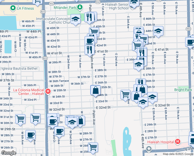 map of restaurants, bars, coffee shops, grocery stores, and more near 68 East 37th Street in Hialeah