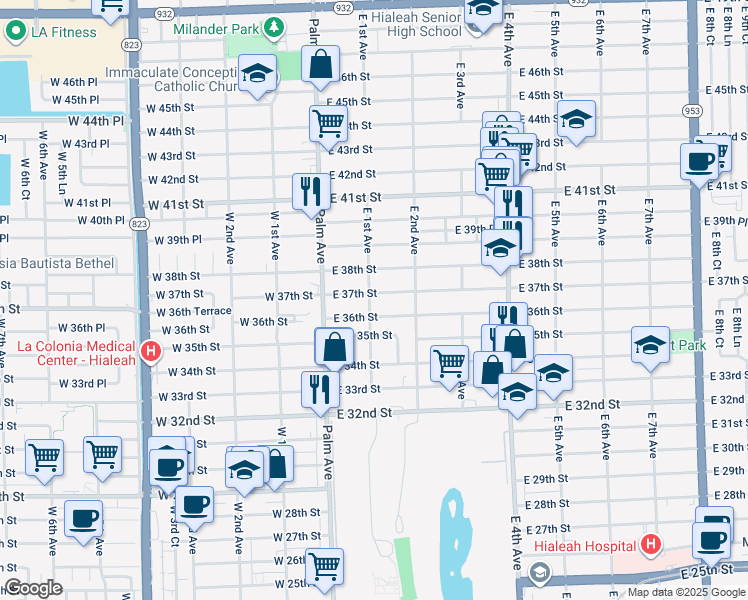 map of restaurants, bars, coffee shops, grocery stores, and more near 100 East 37th Street in Hialeah