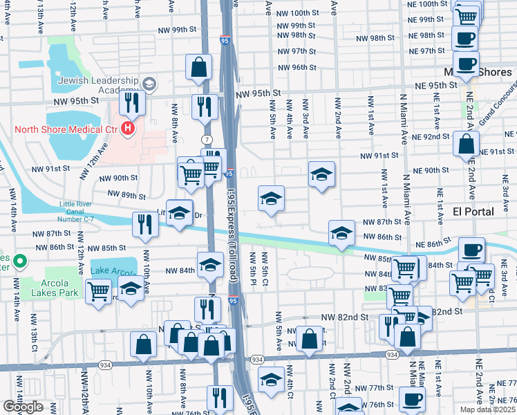 map of restaurants, bars, coffee shops, grocery stores, and more near 555 Northwest 88th Street in El Portal