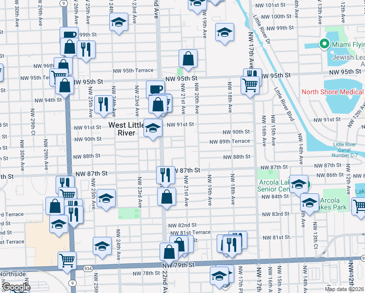 map of restaurants, bars, coffee shops, grocery stores, and more near 2101 Northwest 89th Street in Miami