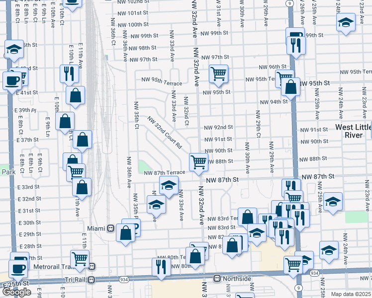 map of restaurants, bars, coffee shops, grocery stores, and more near 9001 Northwest 32nd Court Road in Miami