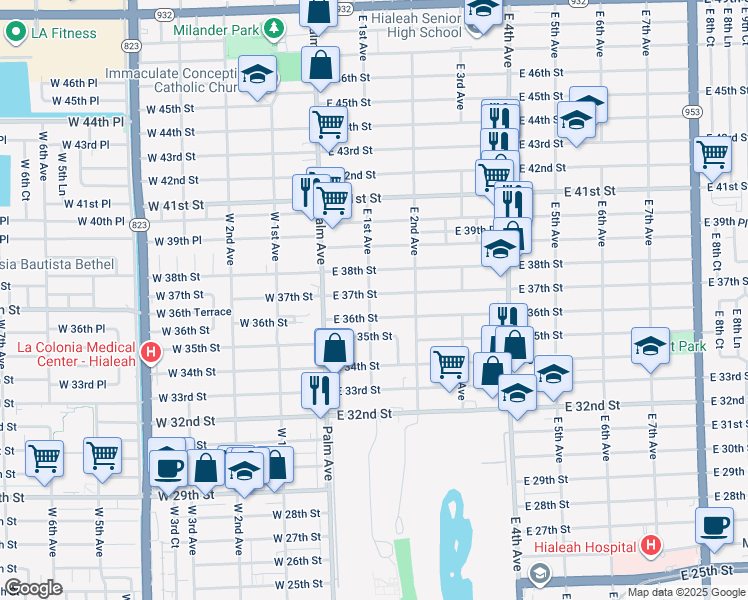 map of restaurants, bars, coffee shops, grocery stores, and more near 100 East 37th Street in Hialeah