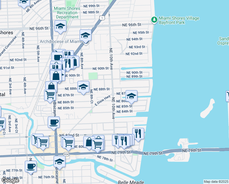 map of restaurants, bars, coffee shops, grocery stores, and more near 1001 NE 87th St in Miami Shores