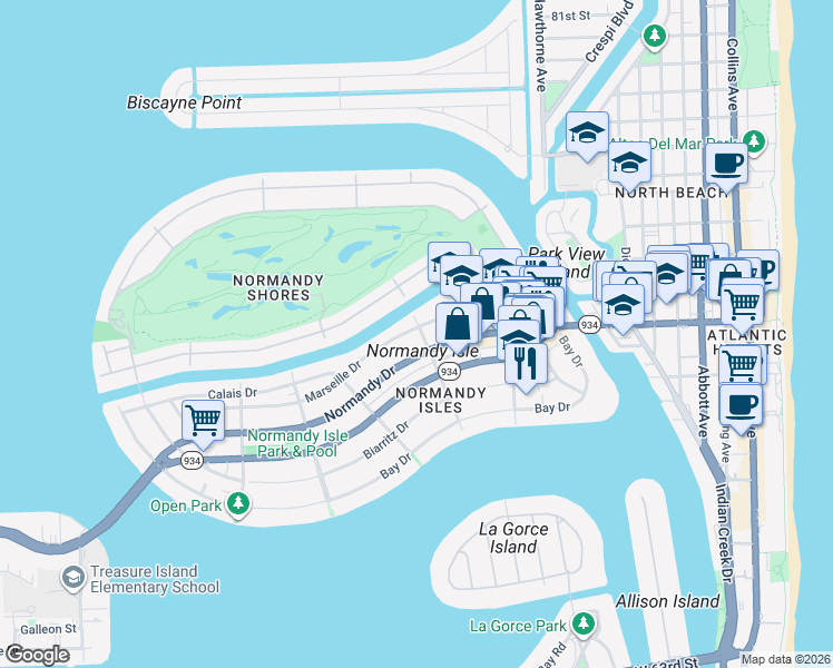 map of restaurants, bars, coffee shops, grocery stores, and more near 7115 Rue Notre Dame in Miami Beach