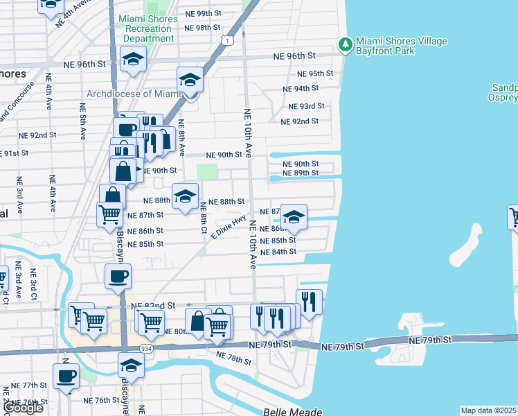 map of restaurants, bars, coffee shops, grocery stores, and more near 1001 Northeast 87th Street in Miami Shores