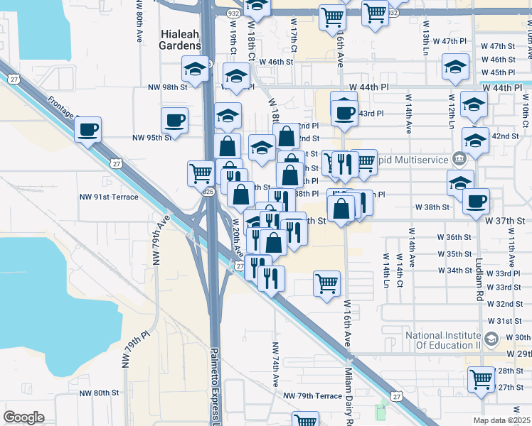 map of restaurants, bars, coffee shops, grocery stores, and more near 3750 West 18th Avenue in Hialeah