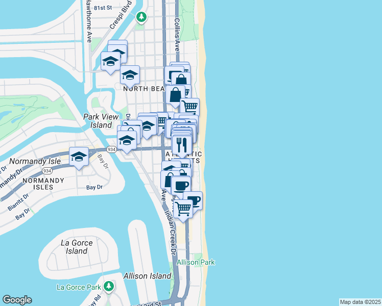 map of restaurants, bars, coffee shops, grocery stores, and more near 7001 Collins Avenue in Miami Beach