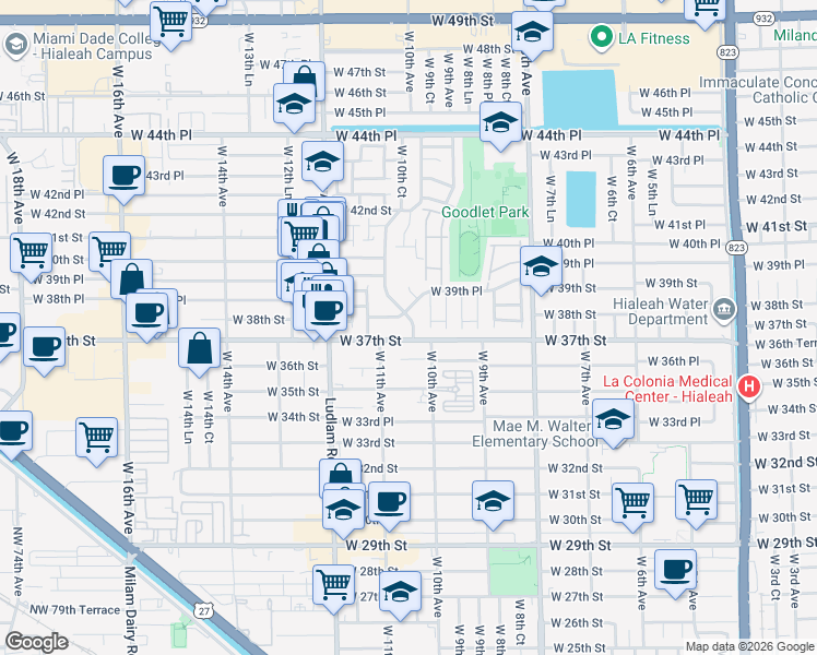 map of restaurants, bars, coffee shops, grocery stores, and more near 1061 West 37th Street in Hialeah