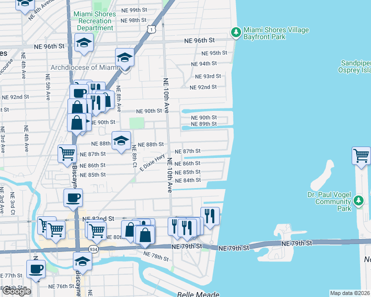 map of restaurants, bars, coffee shops, grocery stores, and more near 1060 Northeast 87th Street in Miami