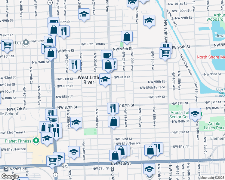 map of restaurants, bars, coffee shops, grocery stores, and more near 8901 Northwest 22nd Avenue in Miami