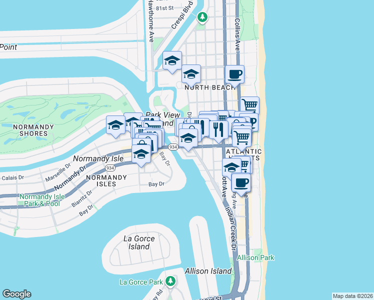 map of restaurants, bars, coffee shops, grocery stores, and more near in Miami Beach