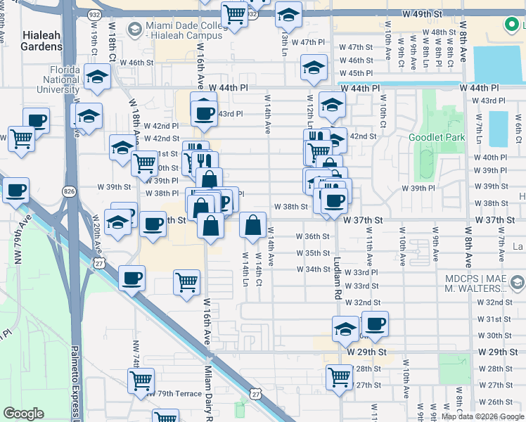 map of restaurants, bars, coffee shops, grocery stores, and more near 1431 West 37th Street in Hialeah