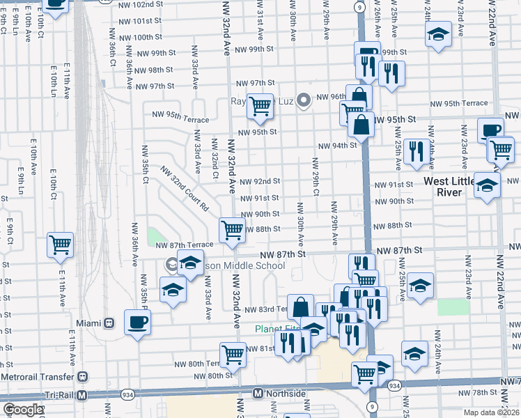 map of restaurants, bars, coffee shops, grocery stores, and more near 3111 Northwest 90th Street in Miami