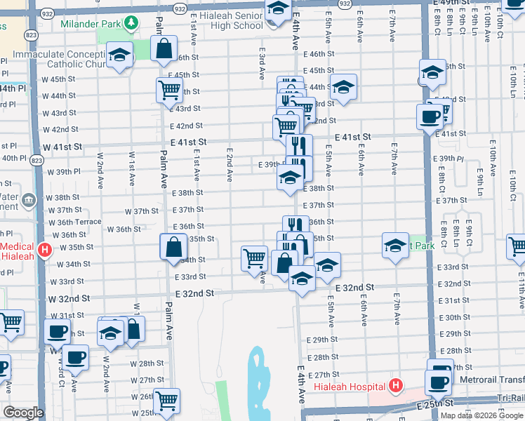 map of restaurants, bars, coffee shops, grocery stores, and more near in Hialeah
