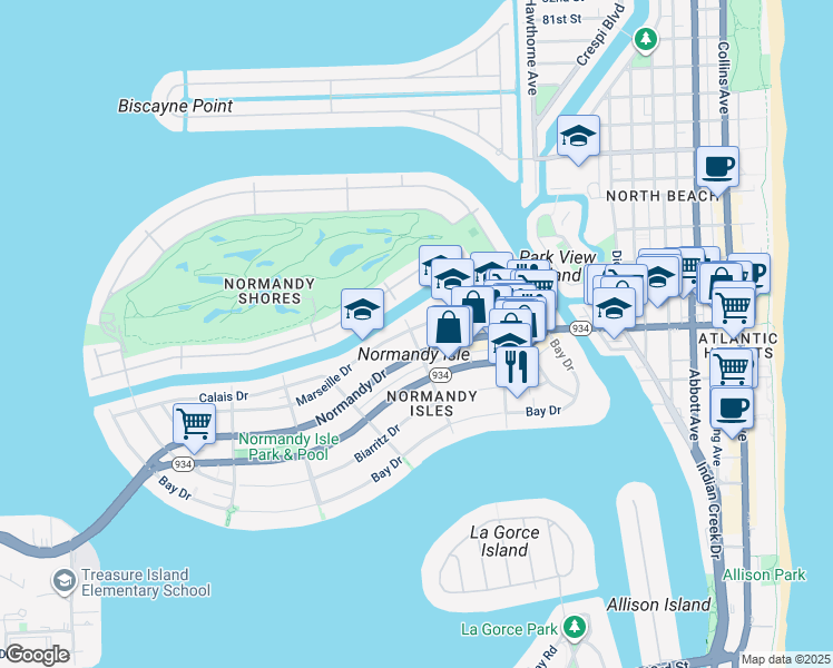 map of restaurants, bars, coffee shops, grocery stores, and more near 7115 Rue Notre Dame in Miami Beach