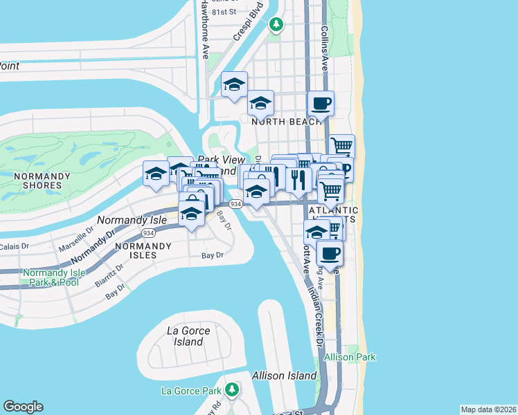 map of restaurants, bars, coffee shops, grocery stores, and more near in Miami Beach