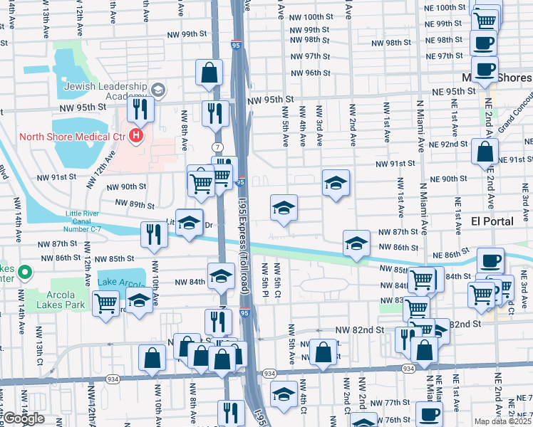 map of restaurants, bars, coffee shops, grocery stores, and more near 555 Northwest 88th Street in El Portal