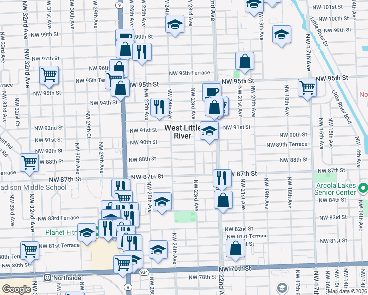 map of restaurants, bars, coffee shops, grocery stores, and more near 2315 Northwest 89th Street in Miami