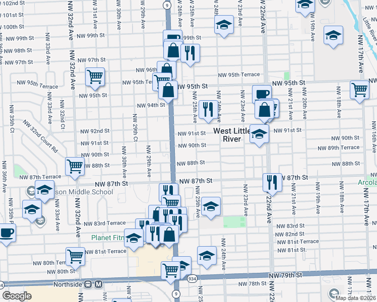 map of restaurants, bars, coffee shops, grocery stores, and more near 8929 Northwest 27th Avenue in Miami