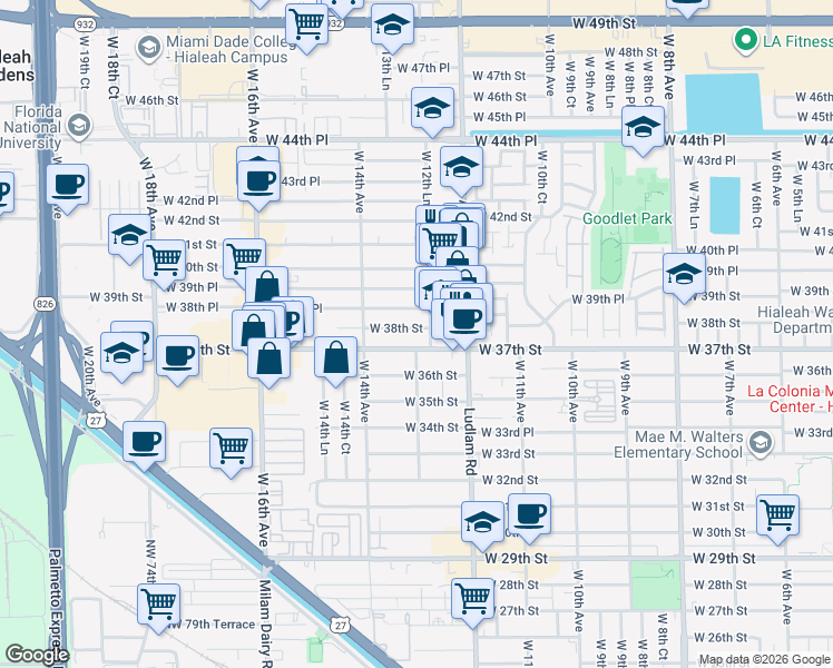 map of restaurants, bars, coffee shops, grocery stores, and more near 1281 West 37th Street in Hialeah