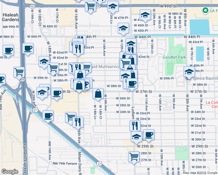 map of restaurants, bars, coffee shops, grocery stores, and more near 1371 West 37th Street in Hialeah