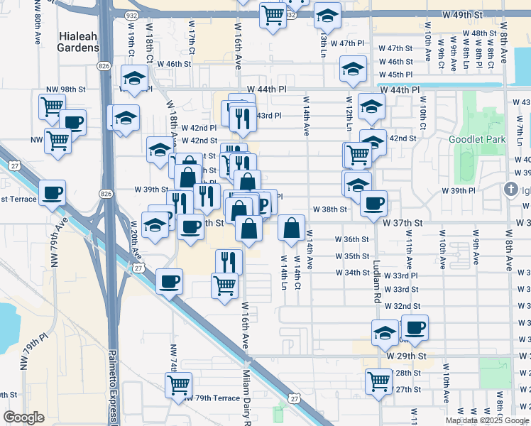 map of restaurants, bars, coffee shops, grocery stores, and more near 1555 West 37th Street in Hialeah