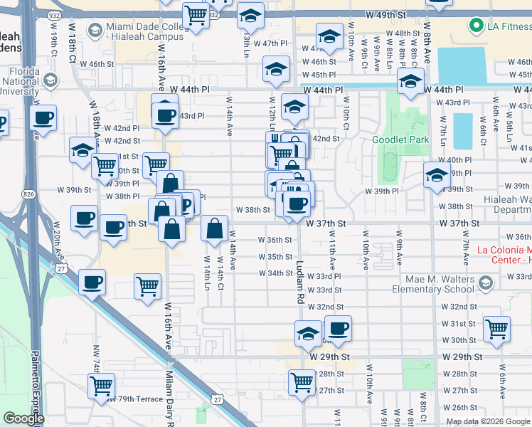 map of restaurants, bars, coffee shops, grocery stores, and more near 1281 West 37th Street in Hialeah
