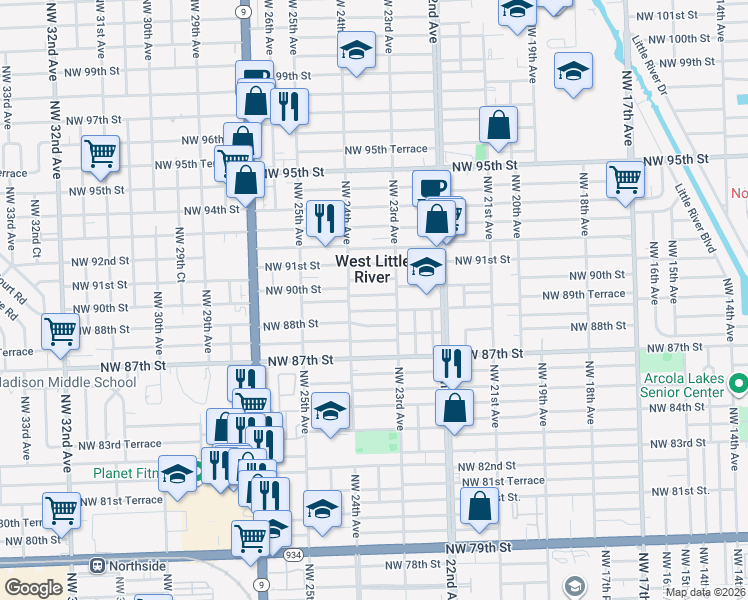 map of restaurants, bars, coffee shops, grocery stores, and more near 2315 Northwest 89th Street in Miami