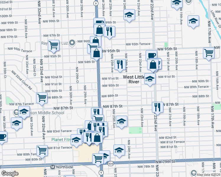 map of restaurants, bars, coffee shops, grocery stores, and more near 8929 Northwest 27th Avenue in Miami