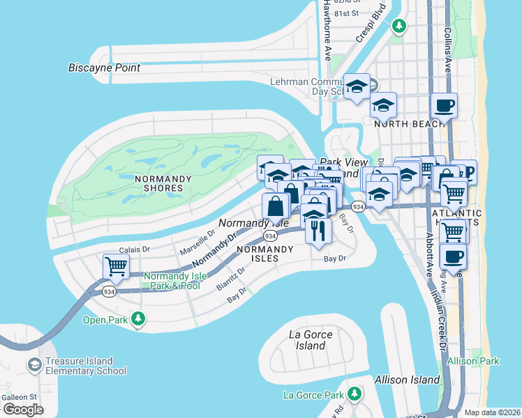 map of restaurants, bars, coffee shops, grocery stores, and more near 1258 Marseille Drive in Miami Beach