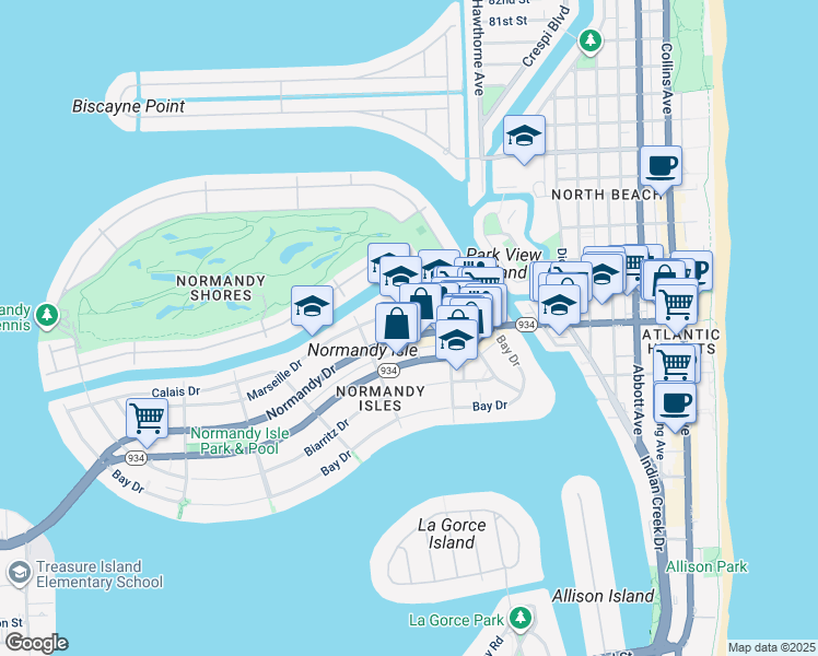 map of restaurants, bars, coffee shops, grocery stores, and more near 1200 Normandy Drive in Miami Beach