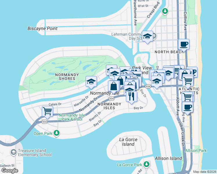 map of restaurants, bars, coffee shops, grocery stores, and more near 7115 Rue Notre Dame in Miami Beach