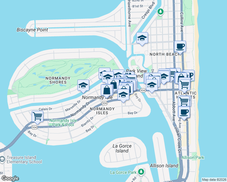 map of restaurants, bars, coffee shops, grocery stores, and more near 1200 Normandy Drive in Miami Beach