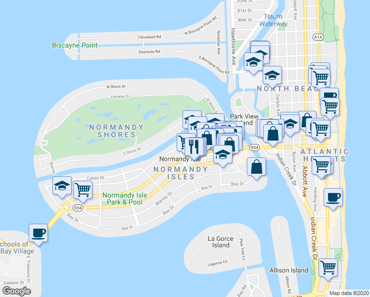 map of restaurants, bars, coffee shops, grocery stores, and more near 7115 Rue Notre Dame in Miami Beach