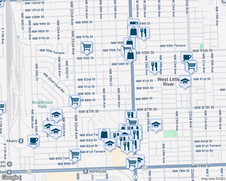 map of restaurants, bars, coffee shops, grocery stores, and more near 2954 Northwest 90th Street in Miami