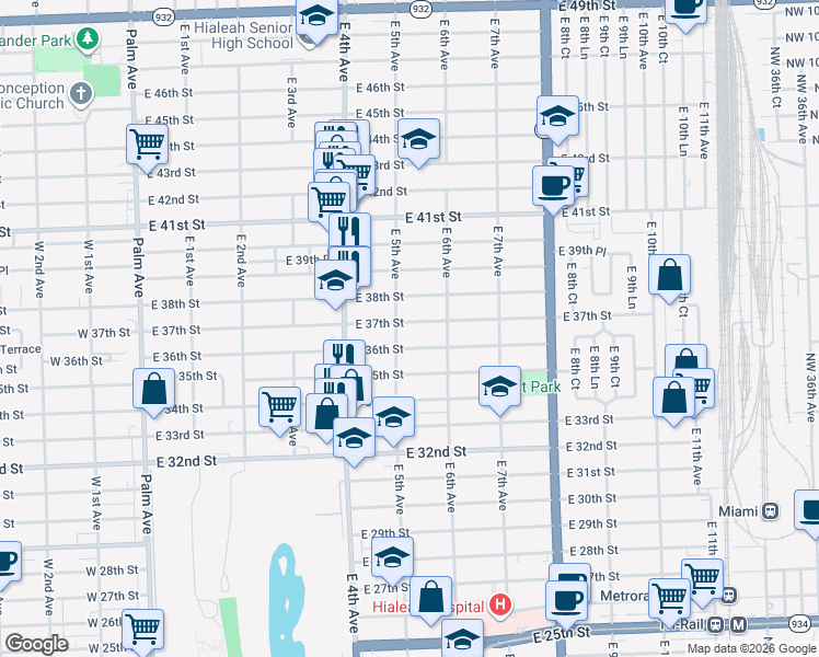 map of restaurants, bars, coffee shops, grocery stores, and more near 3651 East 5th Avenue in Hialeah