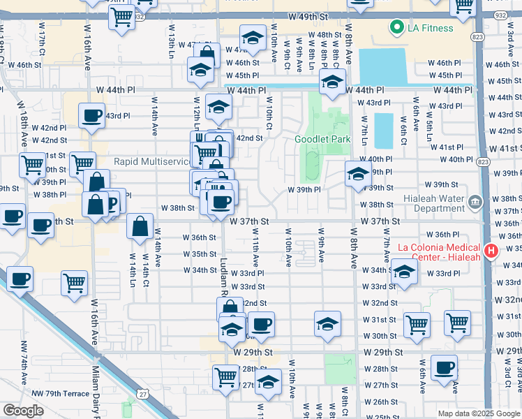 map of restaurants, bars, coffee shops, grocery stores, and more near 1061 West 37th Street in Hialeah