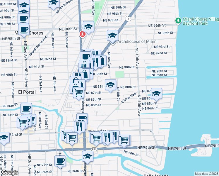 map of restaurants, bars, coffee shops, grocery stores, and more near 796 Northeast 88th Street in Miami