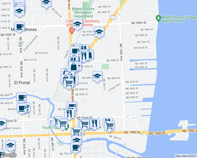 map of restaurants, bars, coffee shops, grocery stores, and more near 800 Northeast 88th Street in Miami