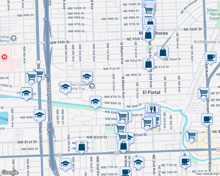 map of restaurants, bars, coffee shops, grocery stores, and more near 120 Northwest 88th Street in El Portal