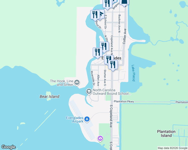 map of restaurants, bars, coffee shops, grocery stores, and more near 302 Riverside Drive in Everglades City