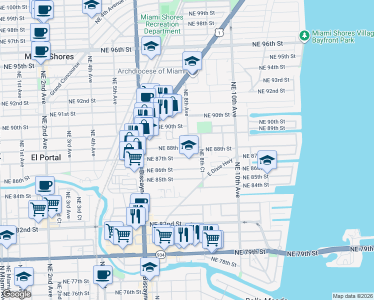 map of restaurants, bars, coffee shops, grocery stores, and more near 800 Northeast 88th Street in Miami