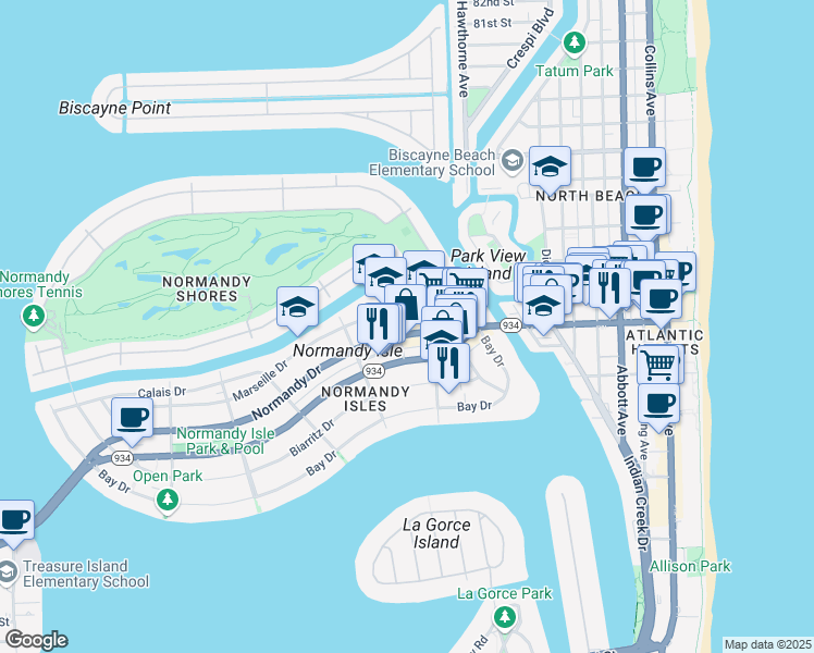 map of restaurants, bars, coffee shops, grocery stores, and more near 1145 Normandy Drive in Miami Beach