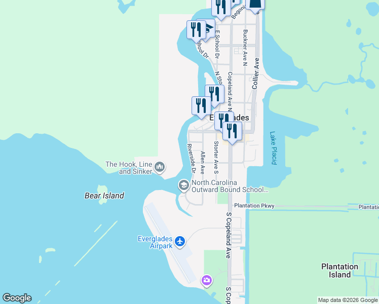 map of restaurants, bars, coffee shops, grocery stores, and more near 302 Riverside Drive in Everglades City
