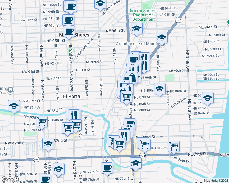map of restaurants, bars, coffee shops, grocery stores, and more near 8719 Northeast 4th Avenue Road in Miami Shores
