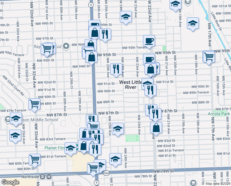 map of restaurants, bars, coffee shops, grocery stores, and more near 2480 Northwest 89th Terrace in Miami