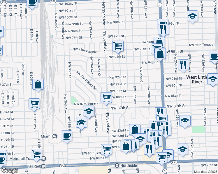 map of restaurants, bars, coffee shops, grocery stores, and more near 9001 Northwest 32nd Avenue in Miami