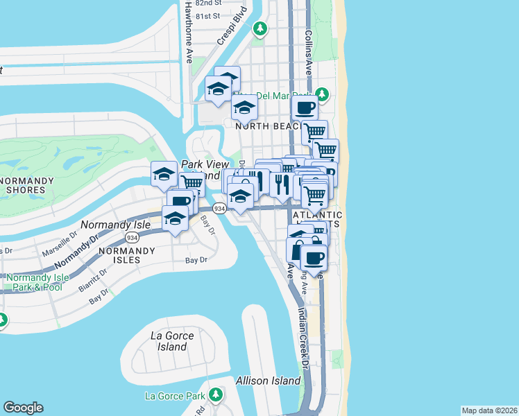 map of restaurants, bars, coffee shops, grocery stores, and more near 615 71st Street in Miami Beach