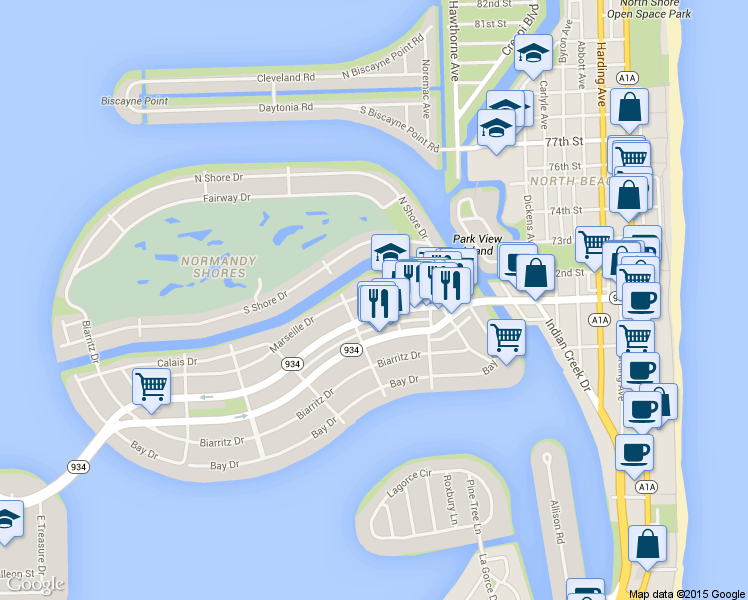 map of restaurants, bars, coffee shops, grocery stores, and more near 1200 Normandy Drive in Miami Beach