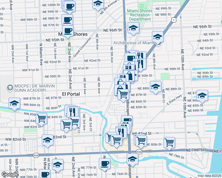 map of restaurants, bars, coffee shops, grocery stores, and more near 8719 Northeast 4th Avenue Road in Miami Shores